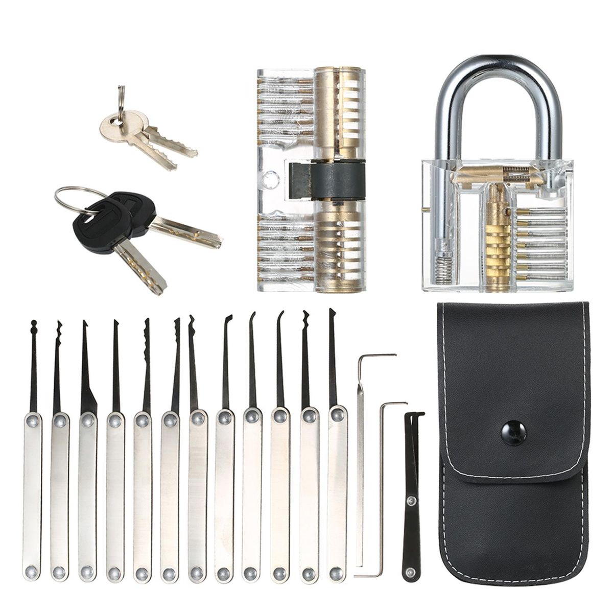 15pcs Lock Picking Set Kit Tool with Two Transparent Practice Training Padlock Lock for Locksmith Beginners and Professional