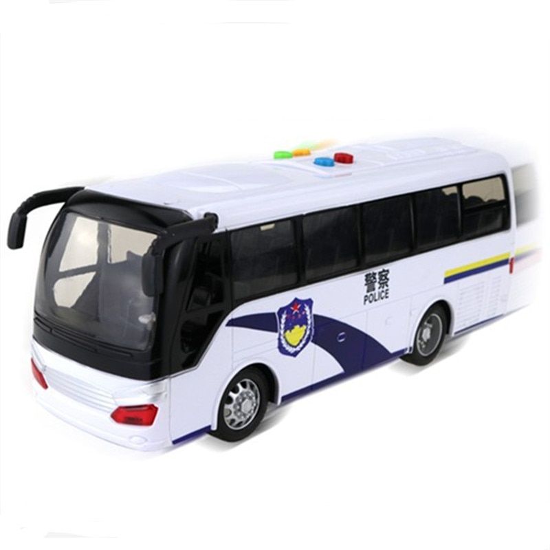 Big White Police Bus Open Door Light Music Car Model
