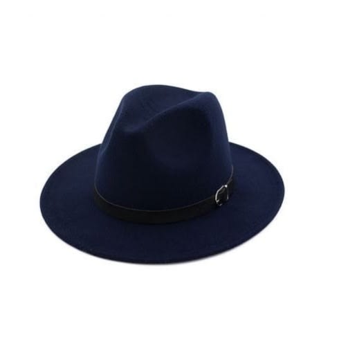 Unisex Fedora Hat With Leather Belt Band Design - Navy Blue