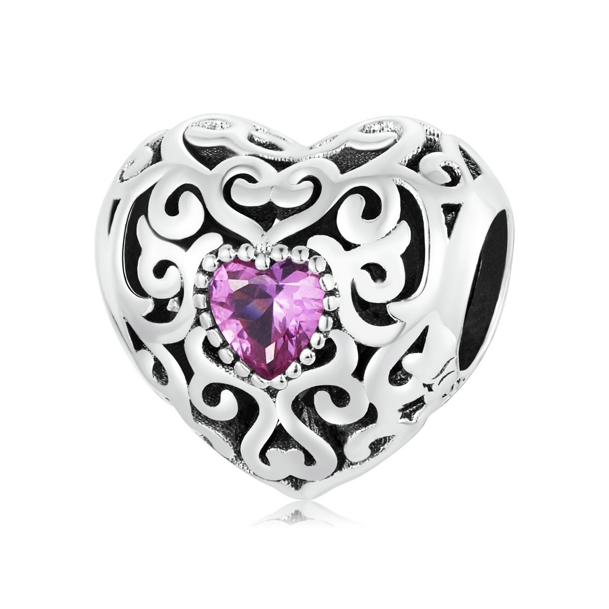 S925 Sterling Silver Retro Flower Texture Heart Beads