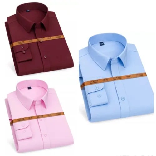 Set Of 3 Long Sleeve Shirt - Wine, Pink & Sky Blue