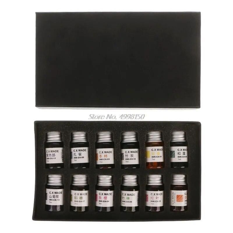 12pcs Gold Powder Colored Bottled Glass Dip Pen Ink Set Fountain Writing Signature Box Gift 7ML Dropship