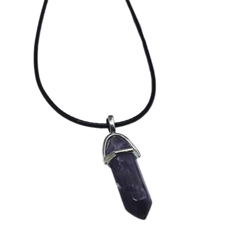 Natural Stone Hexagonal Crystal Pendant Leather Rope Necklac