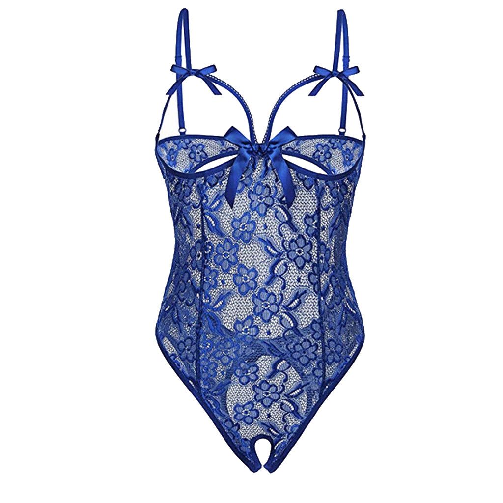 One-Piece Y Lingerie Female Hollow Bowknot Y Bodysuit Crotchless Lace Women's Underwear See Through Erotic Body Blue BA