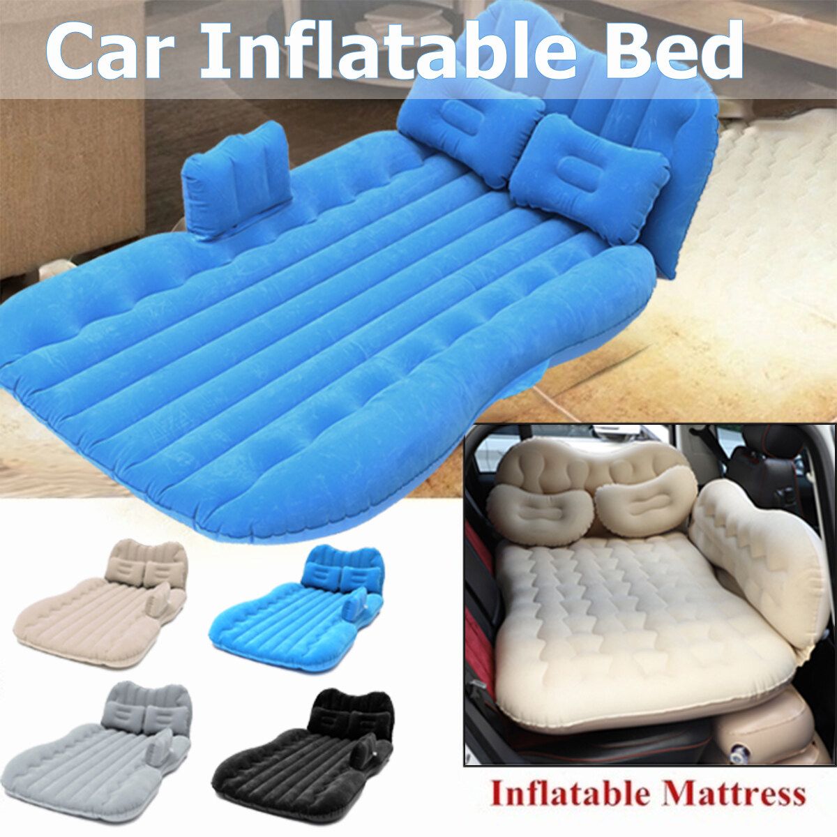 (With Air Pump+2Pcs Inflatable Stool+2Pcs Pillows ) 4 Colors 135x88x36cm Car Inflatable Mattress Travel Sleeping Vehicle Camping Cushion Back Seat Pads Cars Air Bed Pillow Beige