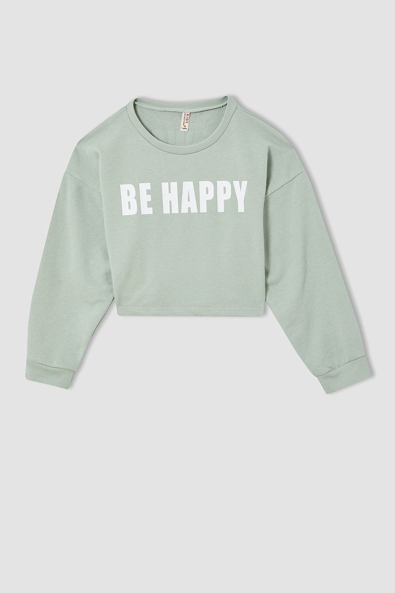 Girl Regular Fit Crew Neck Knitted Sweat Shirt - Turquoise