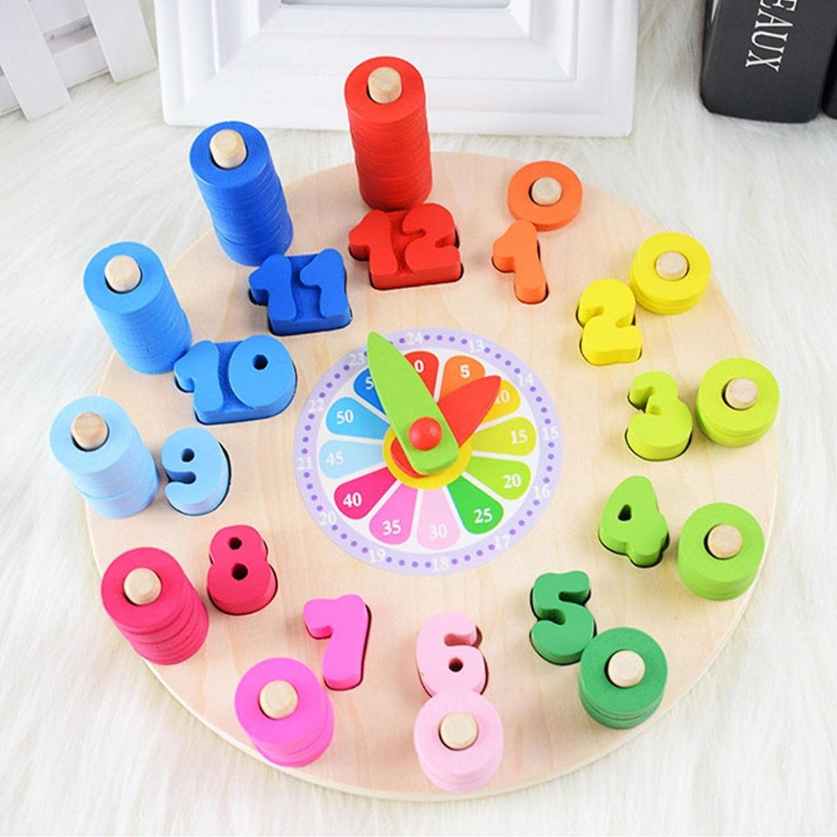 Wooden Time Clock Teaching, Colour Sorting & Basic Counting