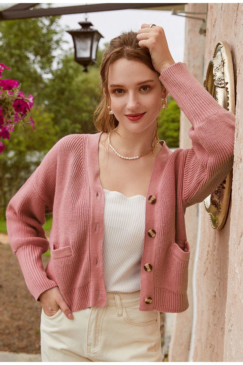 Women's Classic Casual Crew Neck Short Knitted Sweaters - Blush Red