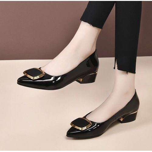 Ladies Low Heel Patent Office Court Shoes-Black