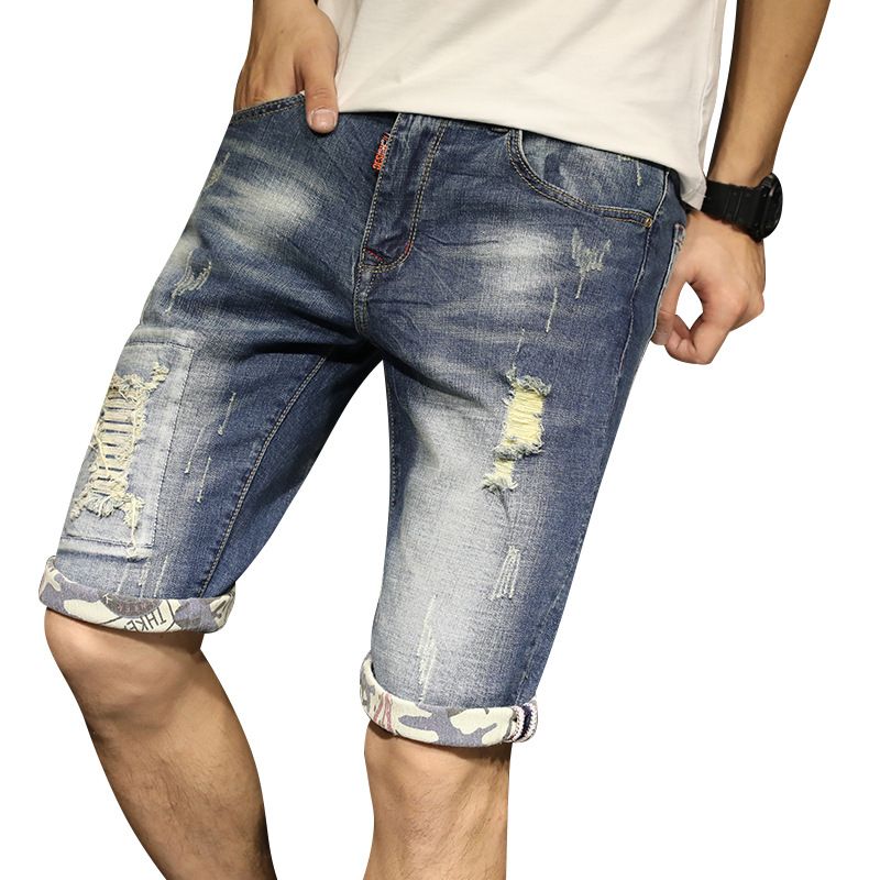 High Quality Men's Denim Shorts Ripped Five-point Pants - Blue