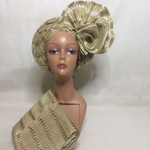 Auto Gele And Ipele In Champagne Gold With Side Rose In Jawu Asooke