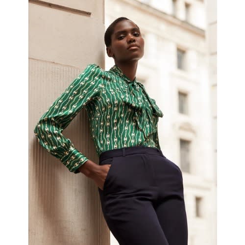 Women's Green & Gold Chain Pussy Bow Blouse