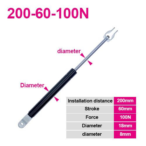 18*8 Rod Stroke Gas Spring Folding Hinge 50N-500N/5kg-50kg Force Lift Support Hole Center Distance 200mm Stroke Distance 60mm