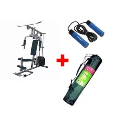 One Multi Station Gym With 50kg Vinyl Weight Stack + Free Weight Skipping Rope & Yoga Mat
