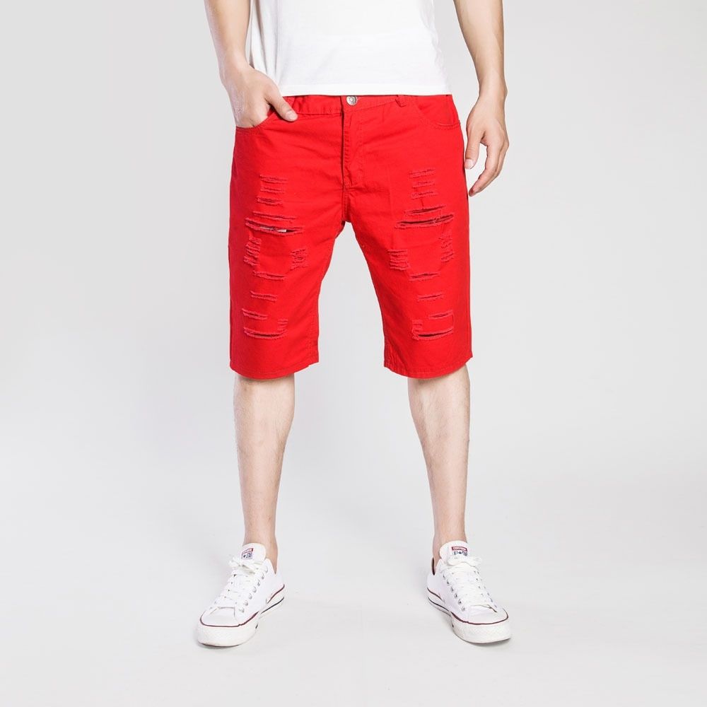 Casual Ripped Denim Shorts For Men (Red)