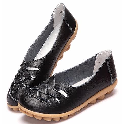 Hollow Leather Flat Shoes - Black