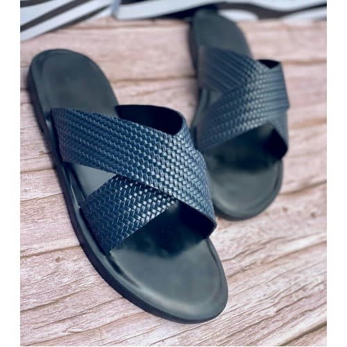 Blue Basket Crossed Leather Slippers