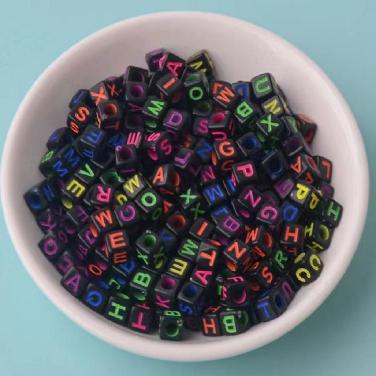 Factory direct sale acrylic colorful square letter beads white letter English letter beads diy beading accessories Fluorescent letters on black background 100pcs/pack (mixed style)