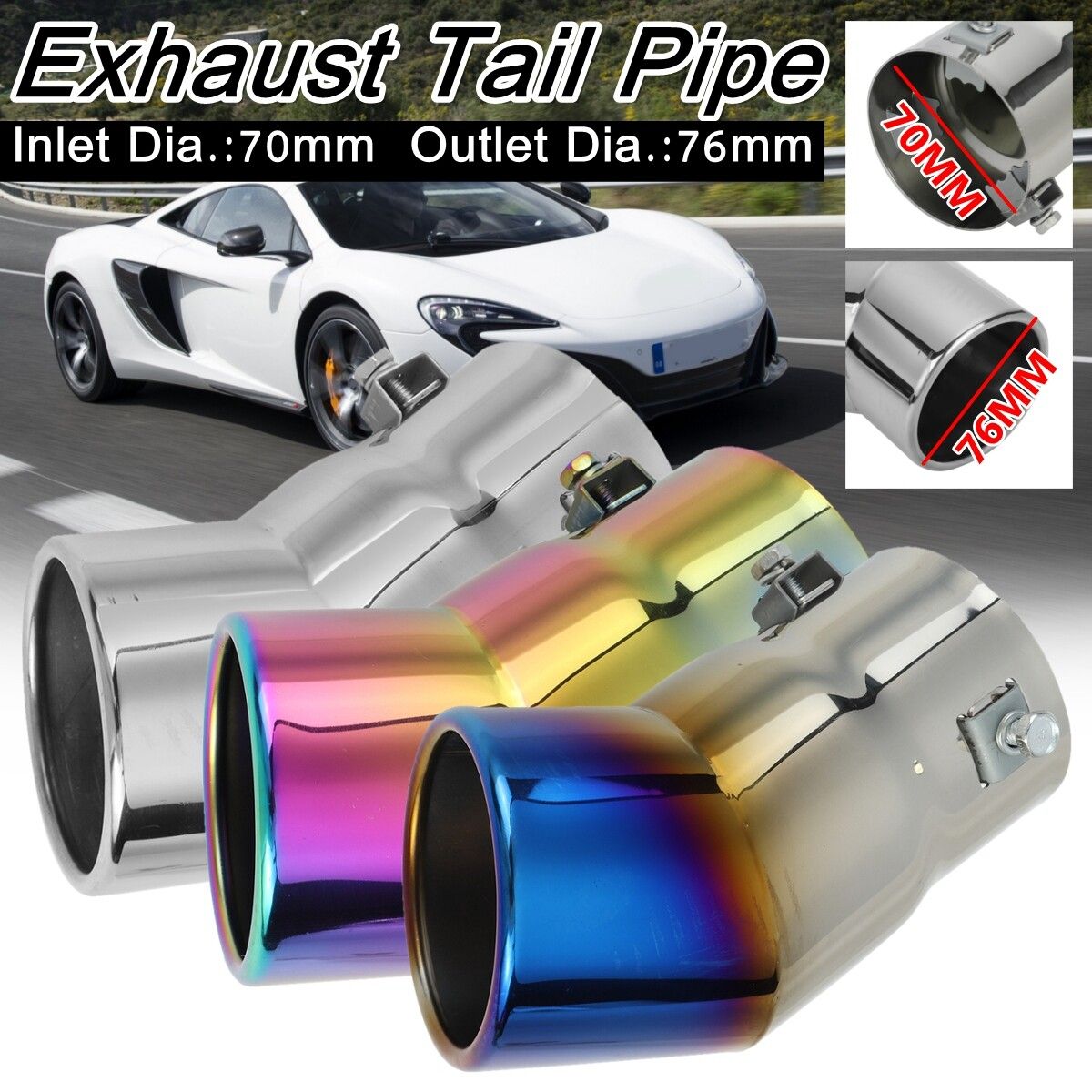 70MM Universal Car Rear Round Exhaust End Tail Pipe Cool Blue Muffler Tippipe Throat Tube Stainless Steel [Blue, Silver]