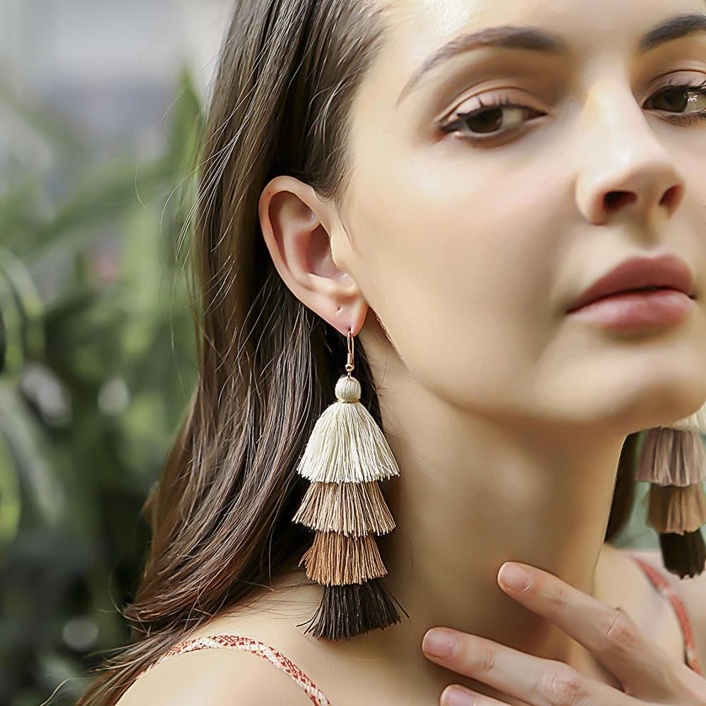 European and American Retro Ethnic Style Long Handmade Tassel Earrings for Women, Bohemian Personalized Ear Pendants
