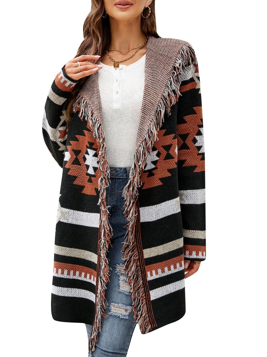 Women Knitted Cardigan Open Front Hooded Tassels Long Sleeve Casual Coats