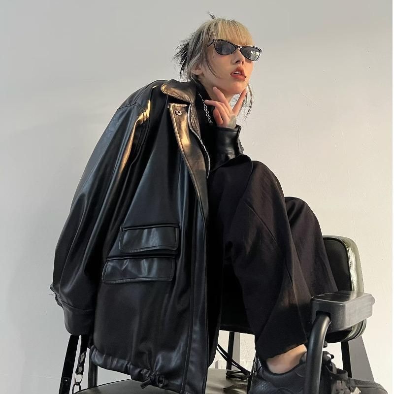 American style popular black PU leather jacket for women this year, new loose fitting casual jacket