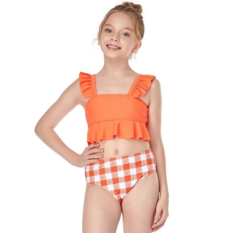 Small Flounce Swimwear + Plaid Swim Shorts Baby Girls Split Swimsuit Set (Orange Size:116)