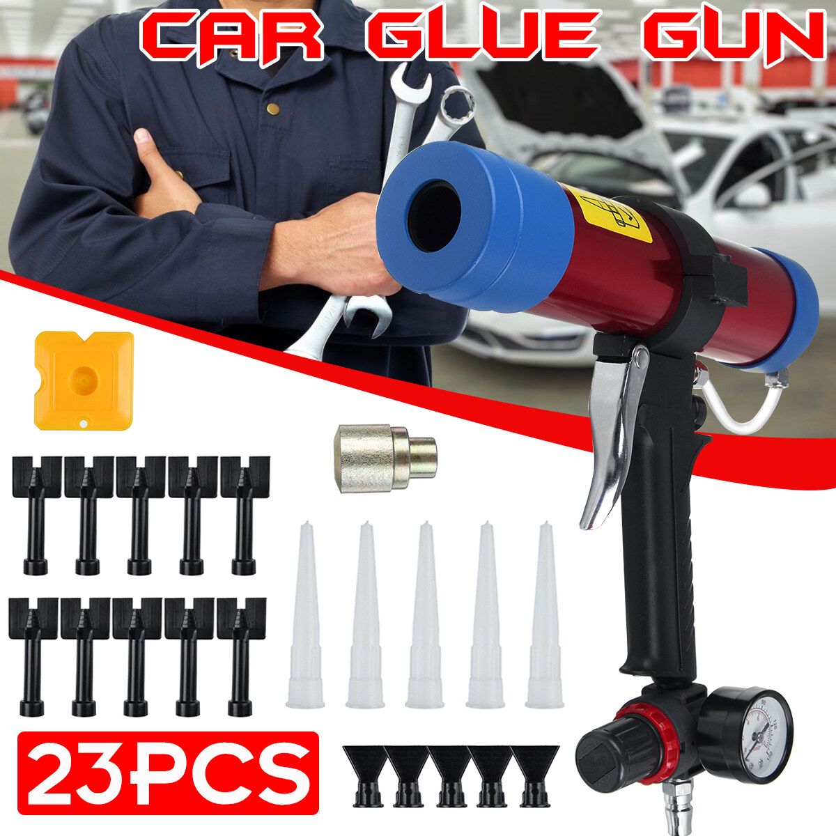 23PCS Adjustable Pneumatic Glass Air Rubber Tool Hard Sealant Applicator Caulking Tool