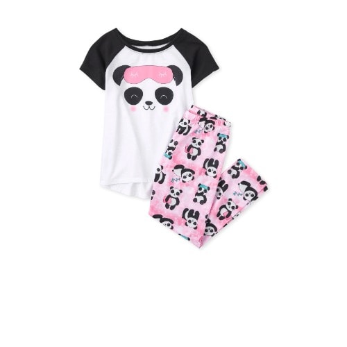 Girls Big Panda Pyjamas Set - White Pink