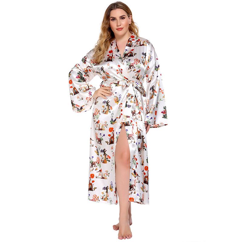 (White)Ladies Sexy Floral Robe Print Pajamas 3XL Long Pajamas Satin Evening Bathrobe Wedding Kimono