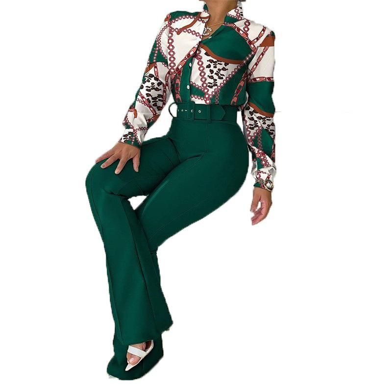 New casual suit printed stand collar, long sleeve shirt, top, wide-leg pants, tw