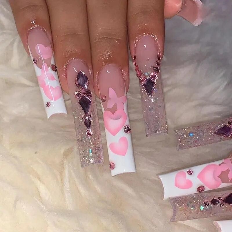 Z499 Sweetie French Tip Press on Nails with Designs Extra Long Rhinestone Fake Nail with Adhesive for Valentine's Day
