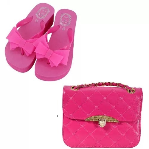Bow Knot Platform Heel Slippers + Quilted Bag - Rose Red