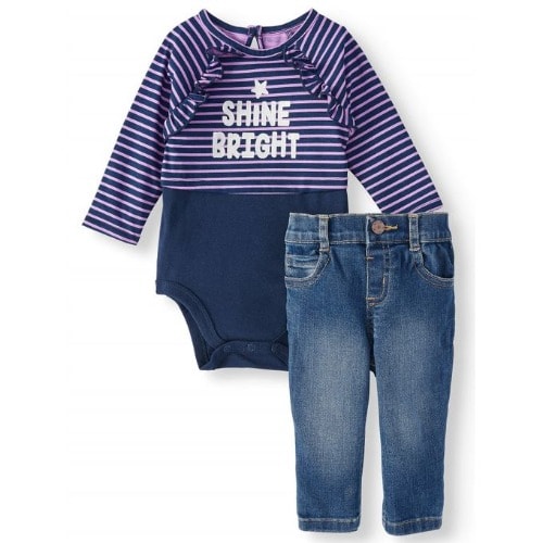 Shine Long Sleeve Ruffle Bodysuit & Jeans Pant- 2pc Outfit Set