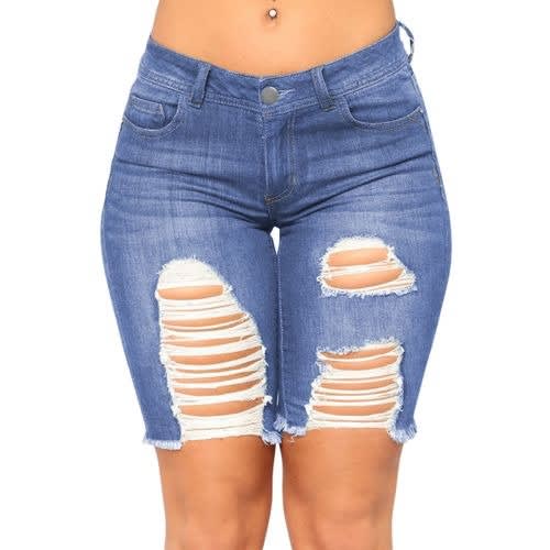 Torn Distressed Edging Hem Bermuda Denim Shorts-blue