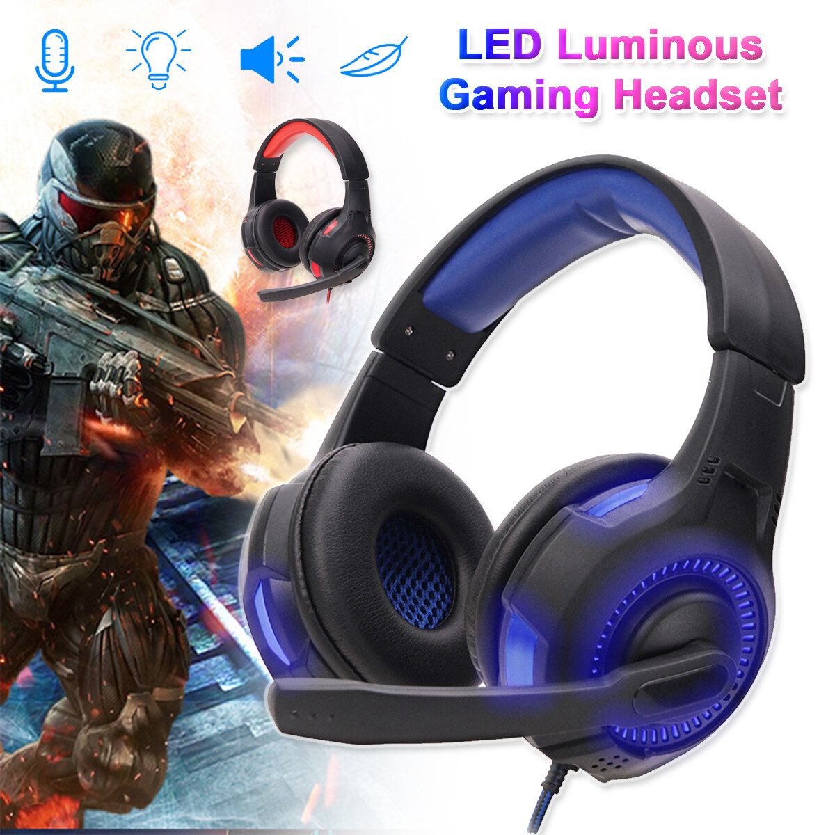 LED 3.5mm Mic Stereo Gaming Headset Computer Laptop Headphones Microphone Blue