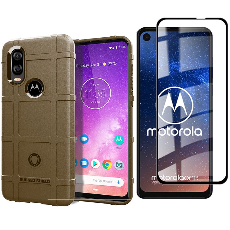 Motorola Moto One Vision Case With Full Cover Film - Brown
