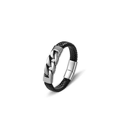 Stainless Steel Leather Bracelet - Black