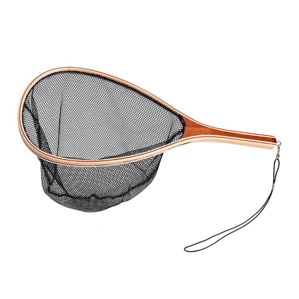 Portable Lightweight Fly Fishing Landing Net Wooden Handle Frame Fish Catch and Release Net