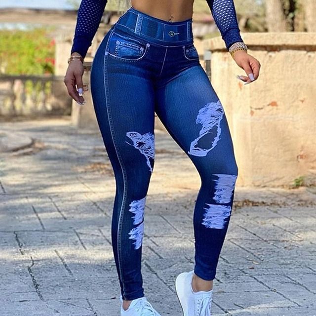 High Waist Faux Denim Jean Leggings Slim Elastic Seamless Skinny Pencil Pant Female Workout Running Leggings Dropship(#A1-blue)