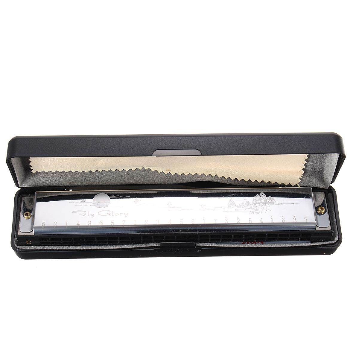 24 Holes Key Tremolo Harmonica In Box 20x5cm Woodwind Instruments Musical Instrument Practice Students Tremolo Harp Silver (silver)