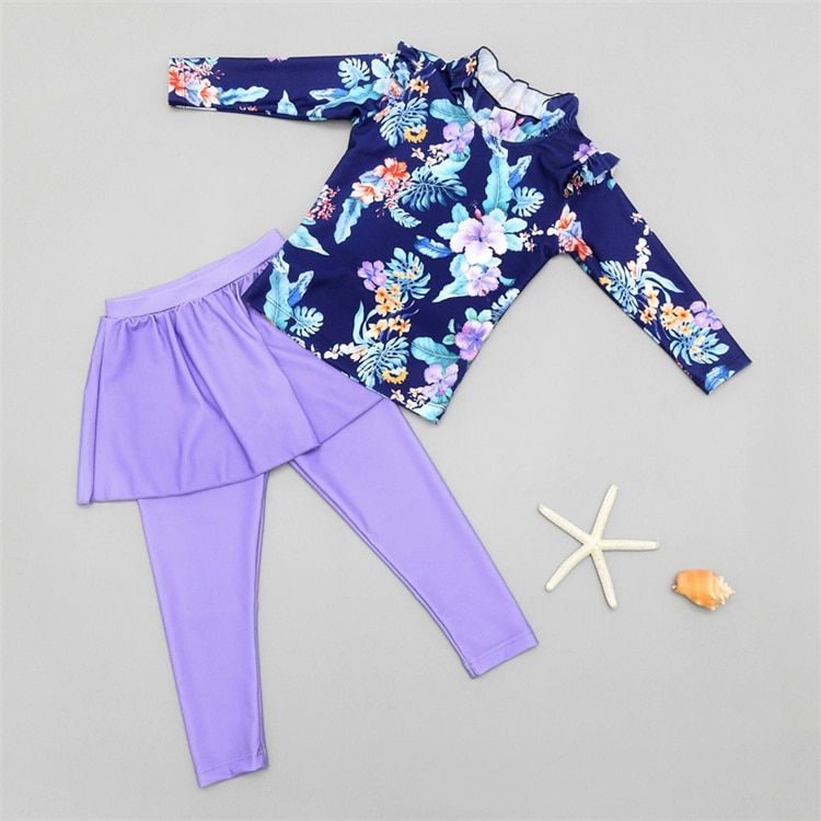 Children Long Sleeve Skirt Swimsuit Kid Cute Flower Print Swimwear Baby Bathing Suit Blue