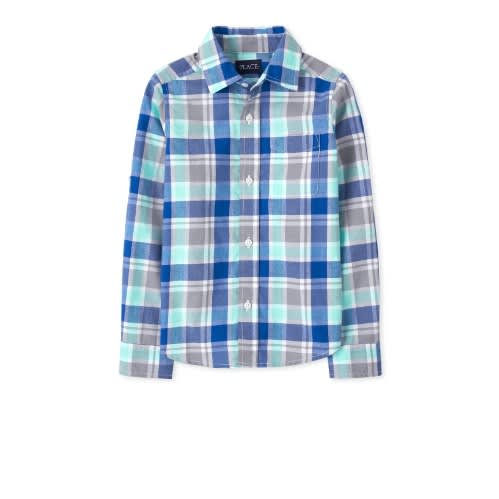 Long Sleeve Checkered Plaid Turn Up Shirt For Boys-Aqua