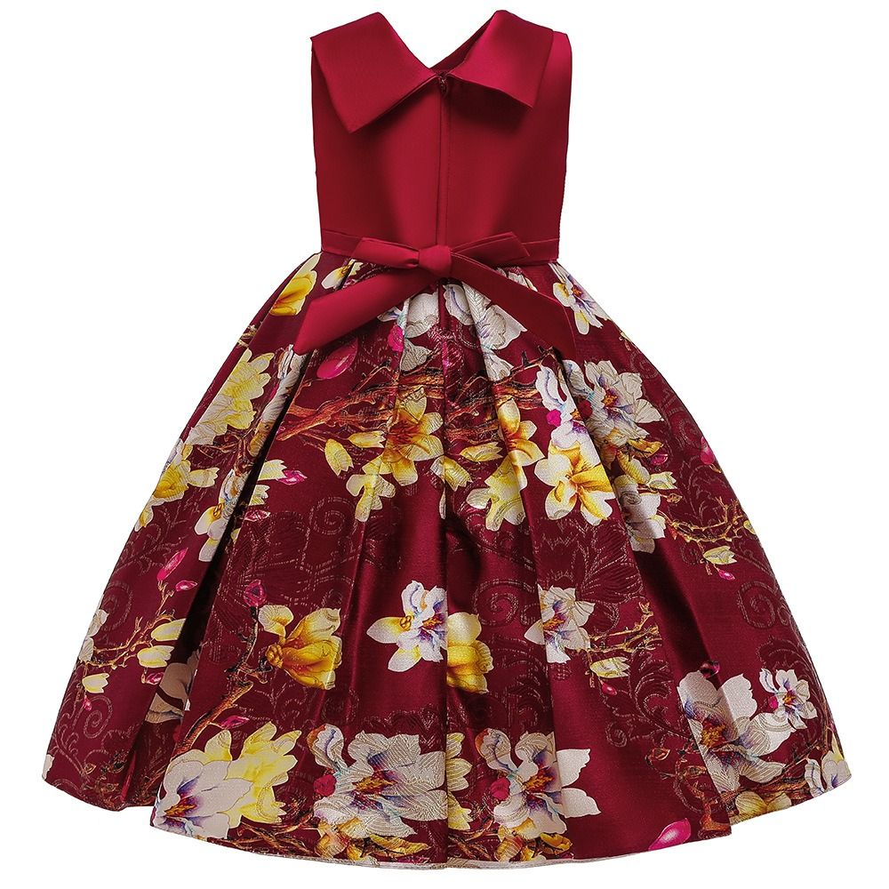 GIRL KIDS PARTY PRINCESS JACQUARD GOWN - WINE RED - BG451