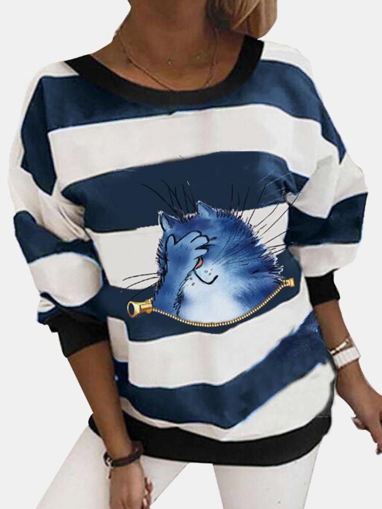 Women Cartoon Cat Horizontal Stripe Print Casual Long Sleeve Sweatshirts