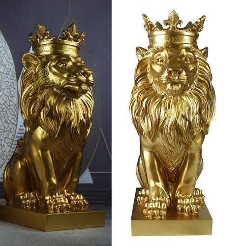Lion With Crown Sculpture - Decorative Figurine -Gold