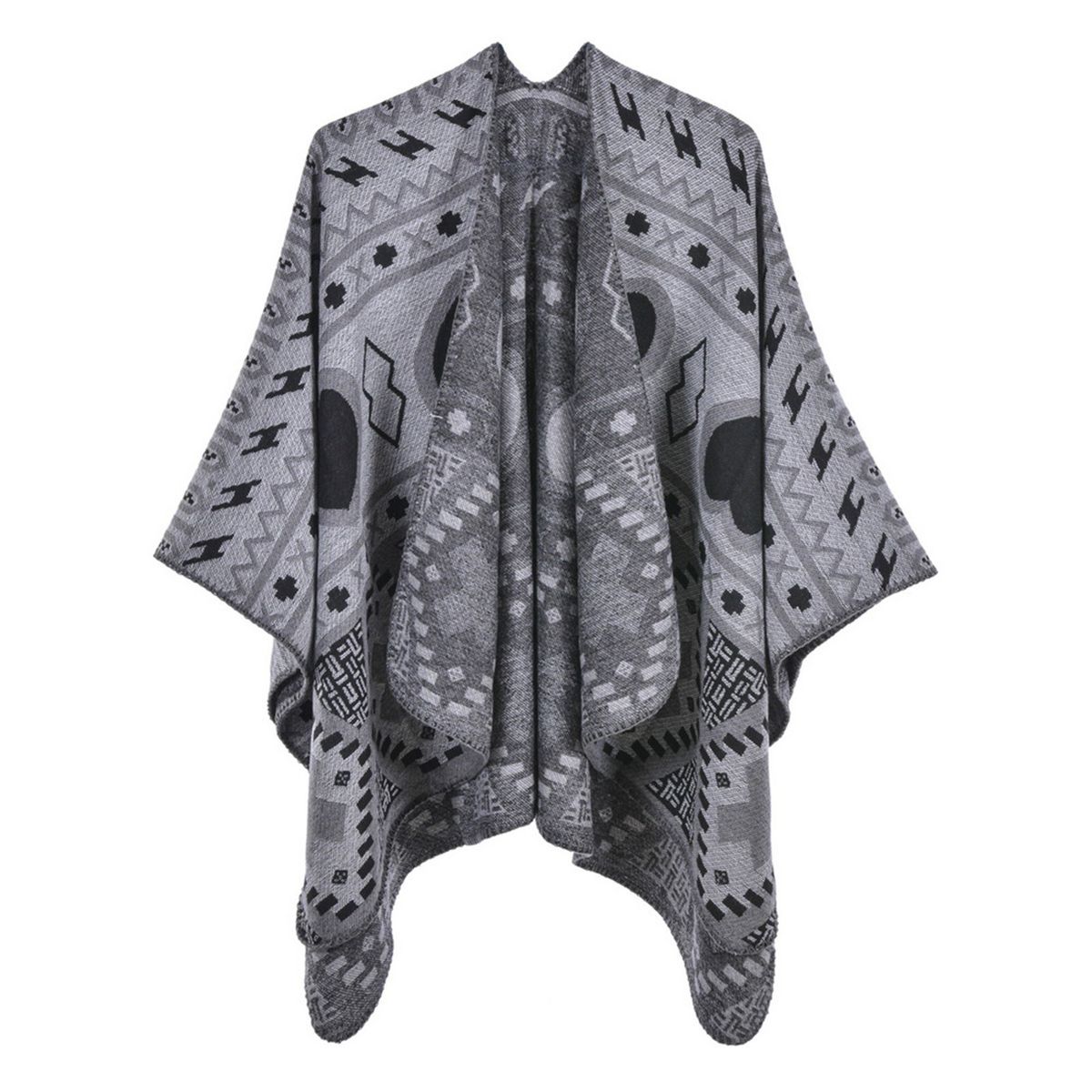 Shawl Wraps For Women Geometrical Pattern Open Front Poncho Cape Long Cardigan Sweater-grey