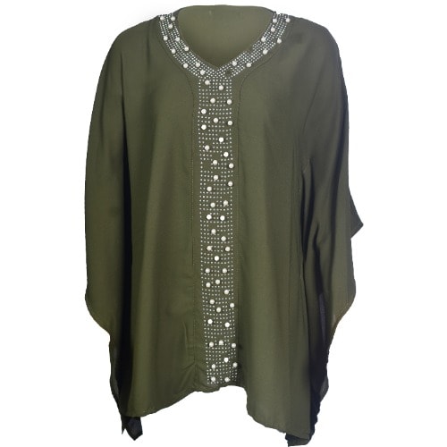 Pearl And Stud Embellished Kaftan Inspired Blouse - Olive Green