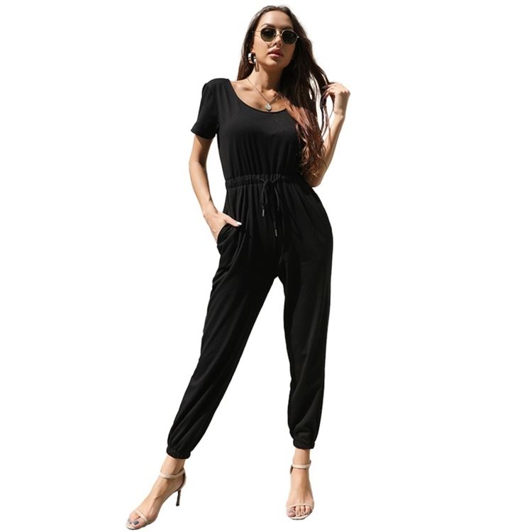 Loose Solid Lace-up Casual Trousers Jumpsuit