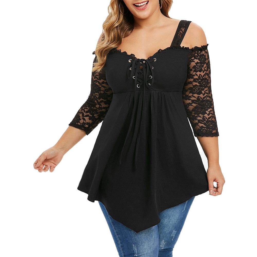 Plus Size Lace  Off Shoulder Tops Hollow Out Shirt  Black Tee Shirt-black